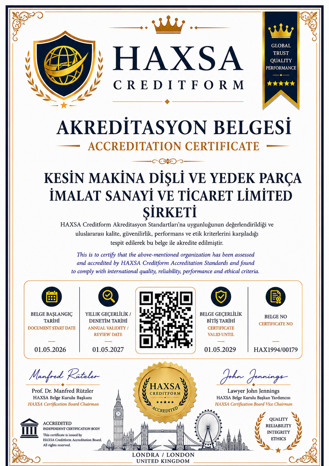 HAXSA CREDİTFORM AKREDİTASYON BELGESİ SAKARYA’DA FAALİYET GÖSTEREN KESİN MAKİNA’YA VERİLDİ